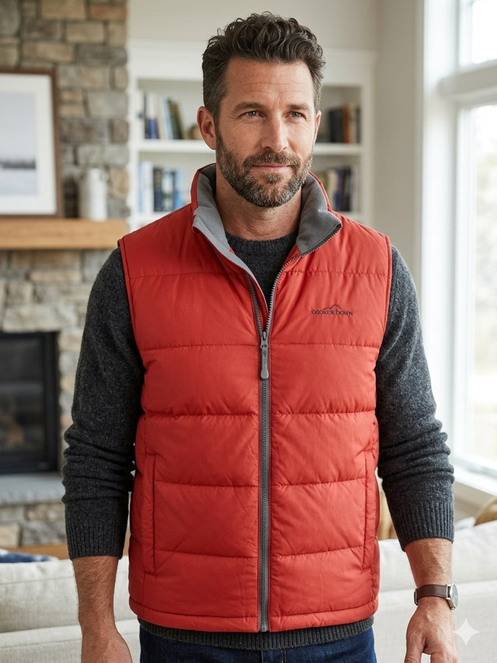 Eddie Bauer Red Quilted Down Vest with Gray Collar